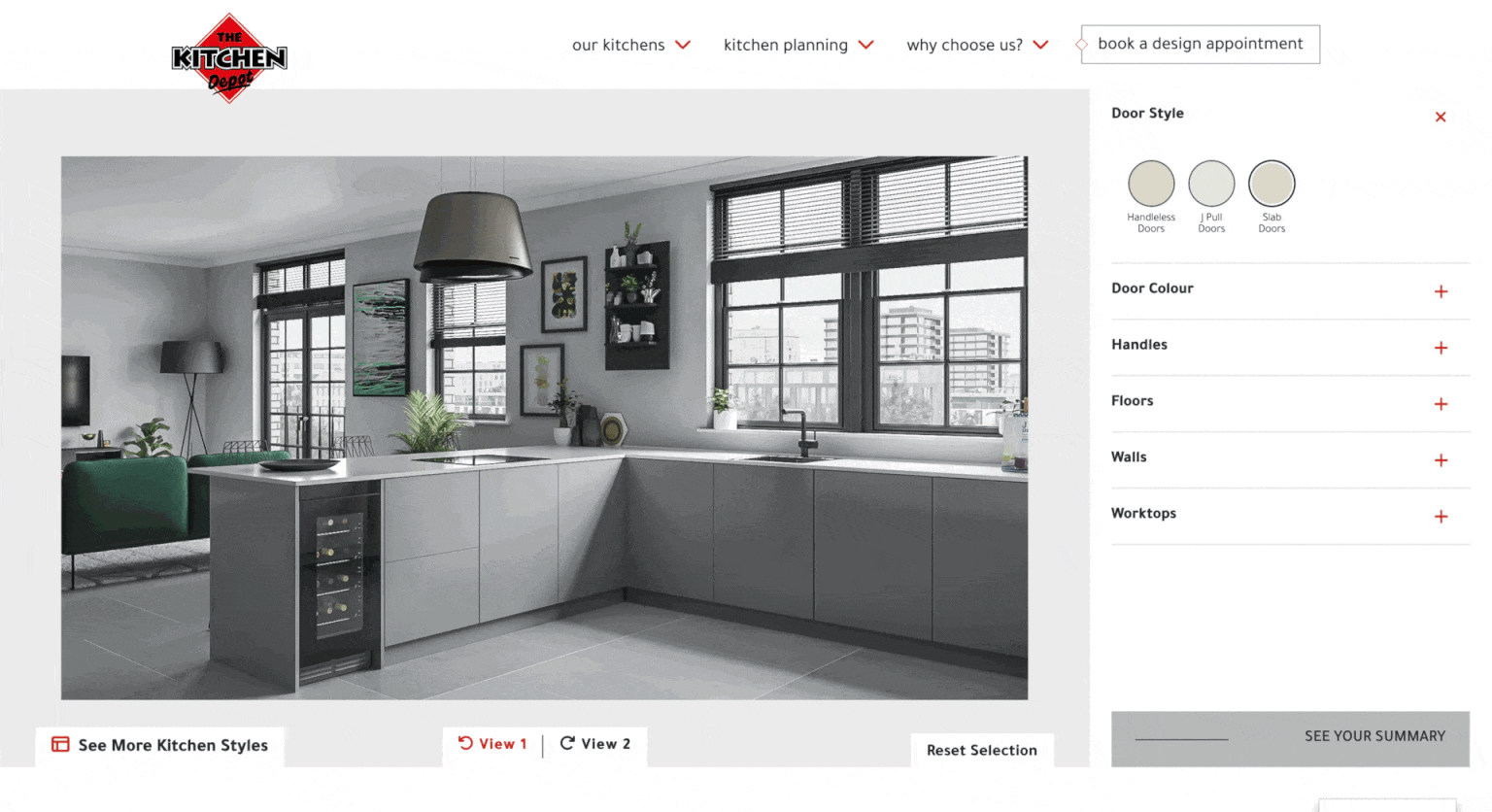 GIF showing the different options and views of the Kitchen Planner on The Kitchen Depot site